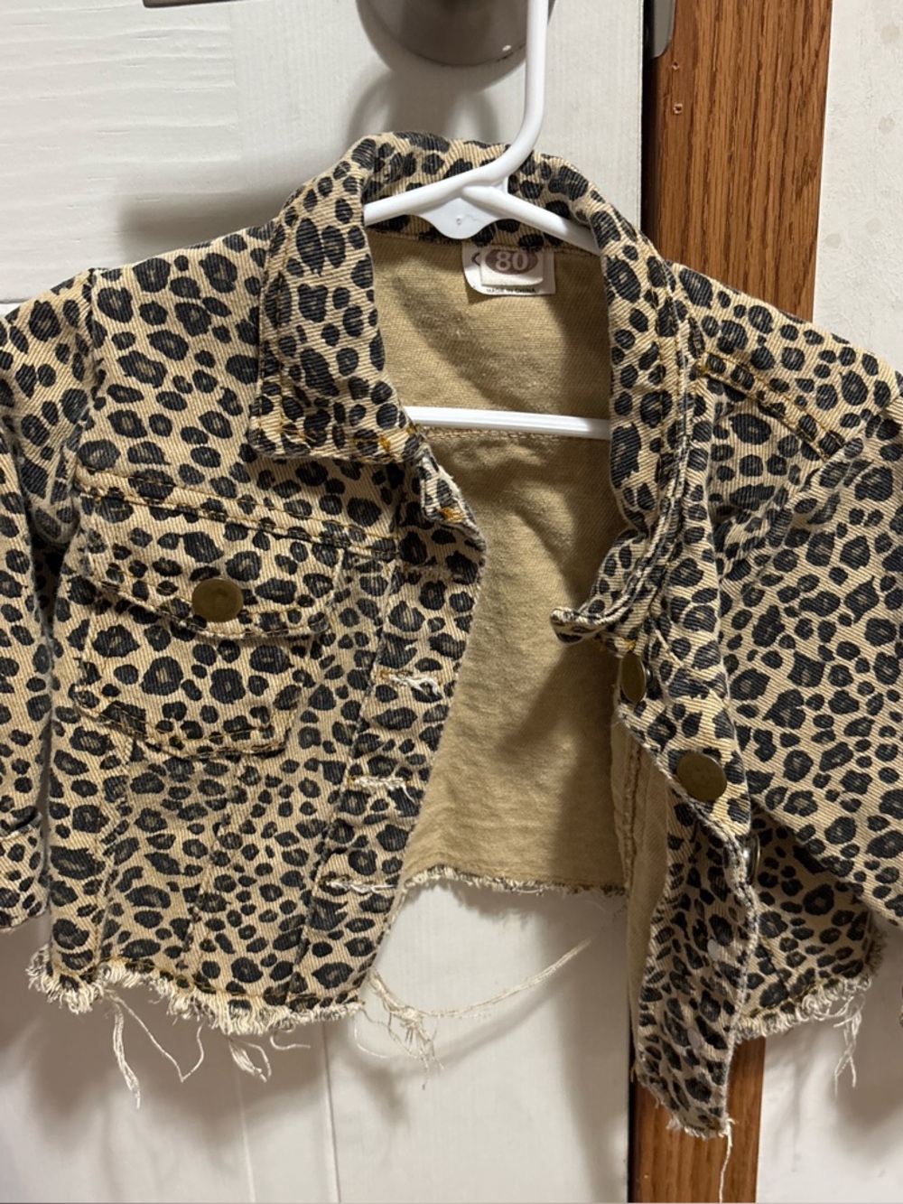 Leopard Print Cropped Denim Jacket - Beige & Black